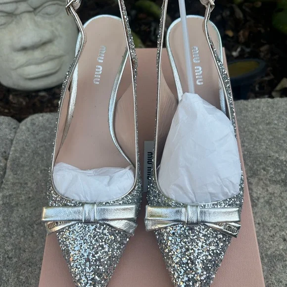 Miu Miu Slingback Silver Glitter Heels Size 37 - Picture 2 of 9